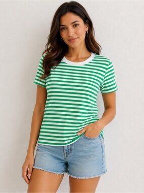 J. Crew 100% Cotton girlfriend‎ Green & White Striped Crewneck Tee S